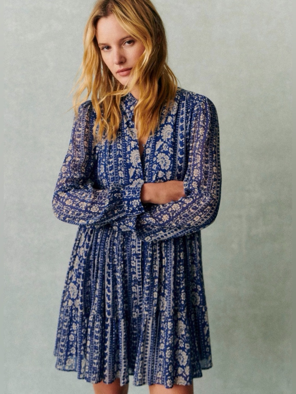 Sézane Hidaya Dress Sara Blue Floral Print Silk Blend Tiered Ruffle FR 36
